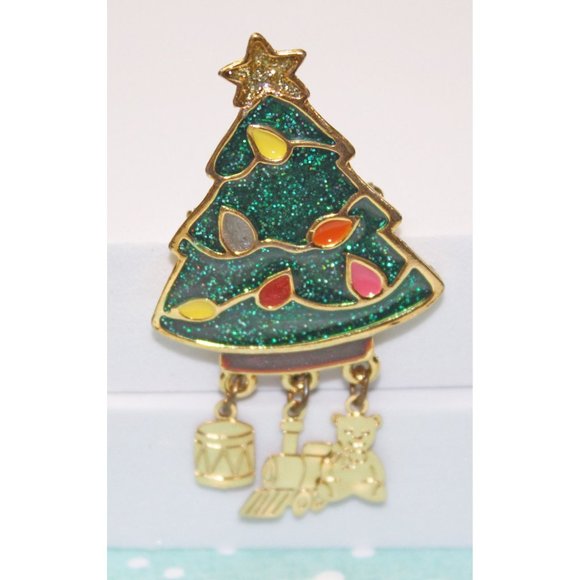 Gold Toned Christmas Tree Brooch Pin Green Enamel With Gold Dangling Charms VP36 - Picture 2 of 4